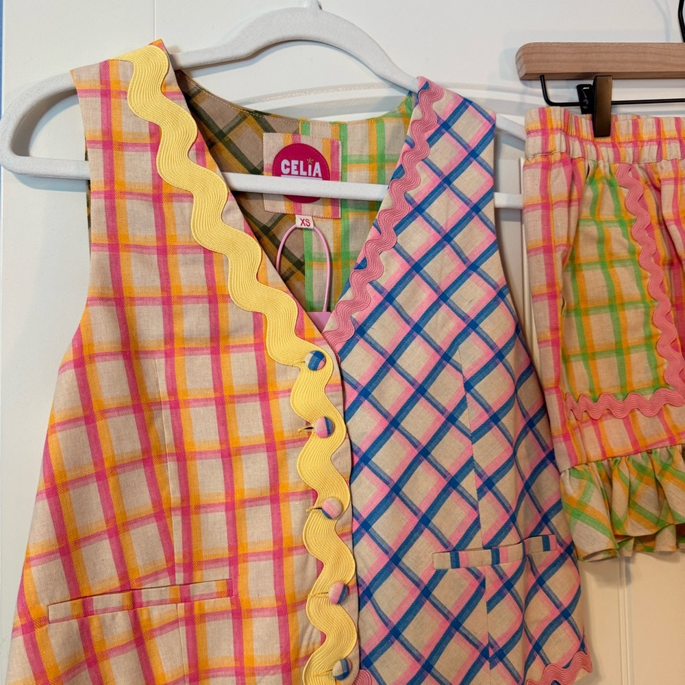 Celia Colorful Plaid Vest and Shorts Set